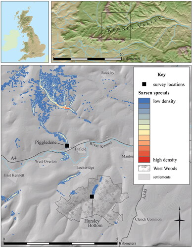 FIG. 2 Map showing the location of the Piggledene and Hursley Bottom surveys in relation to topography, with sarsen stone spreads as recorded by Ordnance Survey up to the Second World War (includes data derived from EDINA Digimap, Ordnance Survey data © Crown copyright and database rights 2021, 90 m STRM courtesy of CGIAR http://srtm.csi.cgiar.org and 2 m photogrammetry © Bluesky International Ltd/Getmapping Plc).