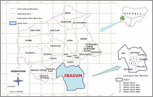 Figure 2. Map of Ibadan City in the context of Oyo State.