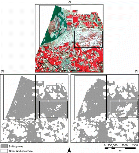 Figure 10. (A) OLI image in false-colour composite, (B) output from NDBI approach and (C) output from BAEM. (Black rectangles in each panel show the places that produced obvious commission errors in both methods.)