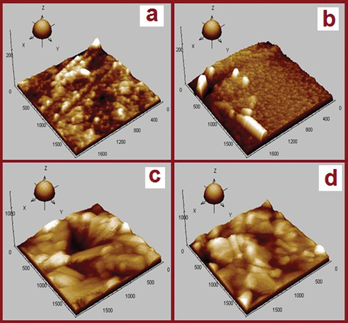 Figure 5b. Three-dimensional AFM images of ZnO and mg doped ZnO thin films. Here a, b, c and d correspond to samples ZM0, ZM1, ZM2 and ZM3 respectively.