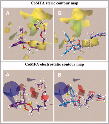 Chart 1. Contour maps of Model II CoMFA model steric and electrostatic regions are shown for Group A 19, 39 and Group B 53 cis, 67.