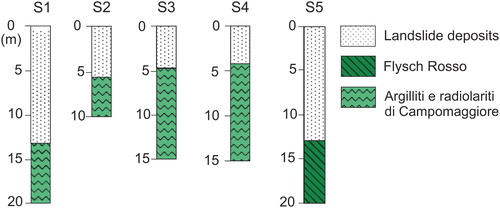 Figure 5. Borehole stratigraphic logs made along the BMSL channel zone (modified by Cotecchia et al.Citation1986).