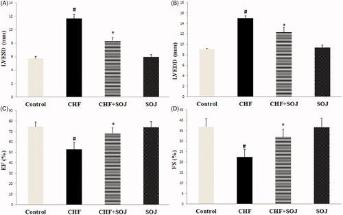 Figure 3. Comparison of the values of echocardiographic parameters after treatment with SOJ between experimental groups. Data are expressed as mean ± SD, #p < 0.05 versus control group, *p < 0.05 versus CHF group. LVESD: left ventricular end-systolic diameter; LVEDD: left ventricular end-diastolic diameter; EF: left ventricular ejection fraction; FS: left ventricular fractional shortening; SOJ: saponins-rich fraction of Ophiopogon japonicus.