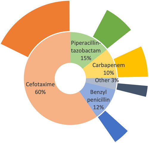 Figure 2. Proportion of patients with initial antimicrobial treatment in the various antimicrobial groups. The outer circle of the chart reflects the proportion of patients within each initial antimicrobial category fulfilling risk factors for resistant pathogen or severe disease, n = 764.