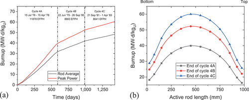 Fig. 2. (a) Evolution of the burnup during the three reactor cycles and (b) Burnup profile at the end of cycles 4A, 4B, and 4C.