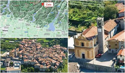 Figure 1. (a) Location of the analysed church in the province of Brescia; (b) position of the church in the town of Ceto; (c) case-study building.