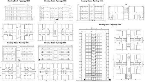 Figure 6. Housing Blocks Typology 3101 (left), Typology 3502 (center) and Typology 3503 (right), CORVI 1972–1973.