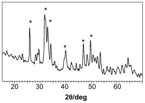 Figure 3 X-ray diffraction spectrum of nanoapatite crystal prepared from hydrothermal reaction at 140°C and 0.3 MPa for 2 hours using fresh initial precipitate.Note: *Represents apatite peaks.