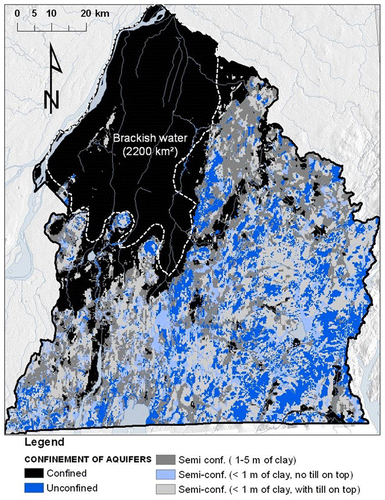 Figure 3. Confinement level of the Montérégie Est fractured rock aquifer system, and extent of brackish groundwater to the north of the region.