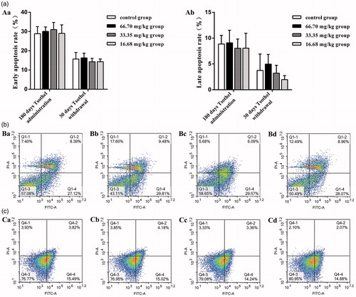 Figure 9. Renal cell apoptosis (N = 160). (A) Apoptosis rate. Aa represents the early apoptosis rate, and Ab represents the late apoptosis rate. (B) Representative apoptosis flow cytometry diagrams of renal cells isolated from kidney tissue after 180 days of administration and analyzed by flow cytometry. (C) Representative apoptosis flow cytometry diagrams of renal cells isolated from kidney tissue after 30 days of drug withdrawal and analyzed by flow cytometry. Viable cells are in the lower left quadrant, early apoptotic cells are in the lower right quadrant, late apoptotic cells are in the upper right quadrant, and non-viable necrotic cells are in the upper left quadrant. Ba and Ca: Control group; Bb and Cb: 66.70 mg/kg tsothel group; Bc and Cc: 33.35 mg/kg tsothel group; Bd and Cd: 16.68 mg/kg tsothel group.