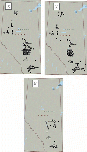 Fig. 1. Approximate locations of cereal fields (a), grass sites (b), and corn fields (c) surveyed in three regions of Alberta, 2001–2003.
