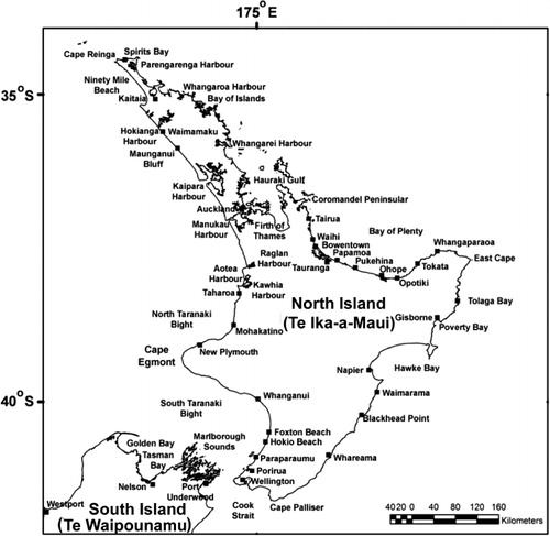 Figure 1 Map of the North Island (Te Ika-a-Māui) and northern South Island (Te Waipounamu) showing locations referred to in the text.
