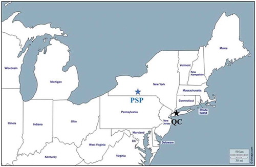 Figure 2. Map of the northeast United States with the Queens College (QC, black star) and Pinnacle State Park (PSP, blue star) sites indicated (adapted from D-Maps (Citation2018))