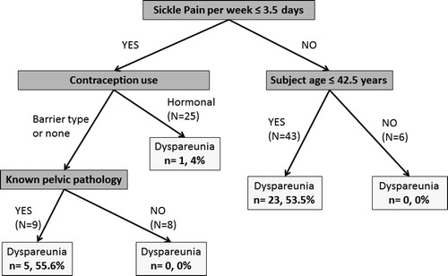 Figure 1. Classification tree analysis representing the significant predictors of dyspareunia in adult female patients with SCD (N = 91). The number of subjects with dyspareunia (n) in each category is compared by a percent to the total number of subjects (N) in each category. The number of days per week where sickle-related pain is noted, patient age, contraception type, and history of known pelvic pathology (i.e. cervicitis, vaginitis, vaginal warts) are the key variables that predict dyspareunia in these patients, with frequency of sickle pain representing the primary predictor. The majority of women with reports of dyspareunia reported sickle pain greater than 3.5 days per week, and were younger than 42.5 years of age (23/43, 54% of those with reported recurrent dyspareunia). In those who experienced fewer days of sickle pain, contraception type used (none or barrier) and vaginal pathology were most predictive (5/9, 56%).