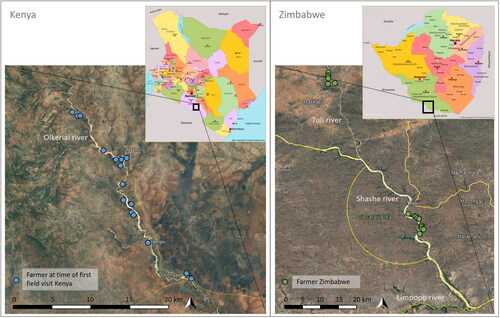 Figure 1. Maps of the study areas with the individual farm plots in Kenya (left) and Zimbabwe (right) (sources: Google Earth, World Maps).