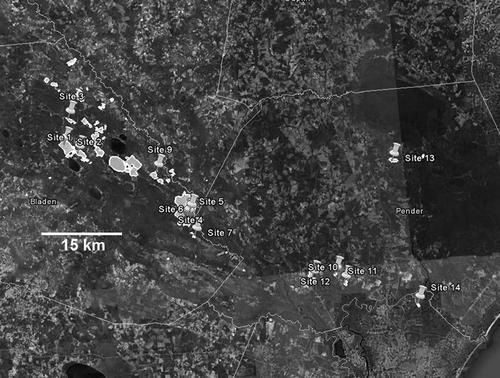 FIGURE 1 Sites 1–14. Highlighted areas are known blueberry fields. (Image created via Google Earth, © 2011 Google)