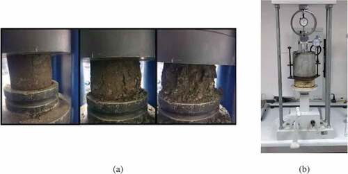 Figure 2. Examples of chemically stabilized soil testing during this research, for any type of soil-stabilizer combination. In (a) Soil failure process during an Unconfined Compressive Strength (UCS) test. (b) Failure after performing a CBR test