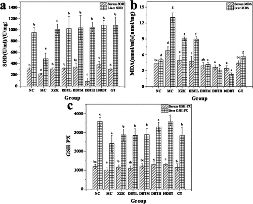 Figure 2. Effect of dark brick tea on serum and liver SOD (a), MDA (b) and GSH-PX (c) level.