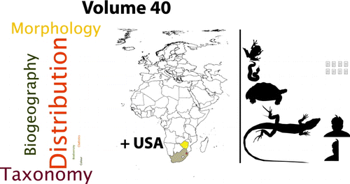 Figure 4.  Volume 40 continued with Branch as Editor and has a wider range of herpetofauna with an increasing emphasis on taxonomy. The number of authors (mean = 1.56; SE = 0.20) and references (mean = 7.94; SE = 2.40) increased slightly, and contributions were mainly from southern Africa and the USA. It should be noted that Volume 40 contained the proceedings of the second HAA Symposium at Bloemfontein.