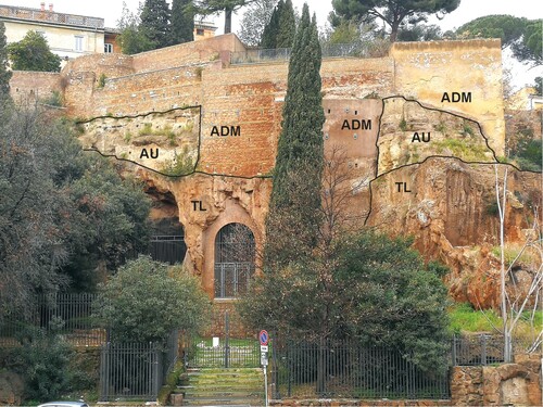 Figure 4. The southern flank of the Capitolium, photo taken from piazza della Consolazione. From the street level, the middle of the image displays the entrance to one of the huge underground quarries (latomie) operated during the ancient Roman age to provide lithic pyroclastic blocks useful for construction. The steep slopes resulted from both topple landslide processes and from anthropogenic erosion. Legend: ADM – Anthropogenic deposits and materials (retaining walls and foundations of the buildings), covering natural deposits also in the lower portion of the image; AU – Aurelia Unit fluvial-lacustrine deposits (Middle Pleistocene); TL – Tufo Lionato pyroclastic-flow deposits (Middle Pleistocene).