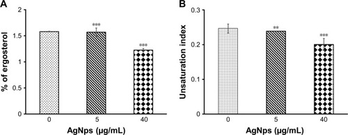 Figure 8 Ergosterol contents and UI for fatty acids of Candida cells grown in the absence (control) and presence of 5 μg/mL (subinhibitory) and 40 μg/mL (MIC90) AgNps. (A) Relative percentages of ergosterol contents in control and AgNp-treated cells calculated as mentioned in the “Material and methods” section; values on the y-axis are mean (the mean ergosterol content of cells is expressed as a percentage of the wet weight of the cells) ± SD of three independent sets of experiments. *** represents p<0.001 calculated with respect to no AgNps (control). (B) The degree of fatty acid unsaturation of the Candida cells grown in the absence (control) and presence of AgNps was calculated from the data in Table 2 and expressed as UI as described in the “Materials and methods” section. UI for unsaturated fatty acids represent mean values ± SD of three independent sets of experiments. ** represents p<0.01 and *** represents p<0.001, respectively, calculated with respect to no AgNps (control).Abbreviations: AgNps, silver nanoparticles; MIC, minimum inhibitory concentration; SD, standard deviation; UI, unsaturation indices.