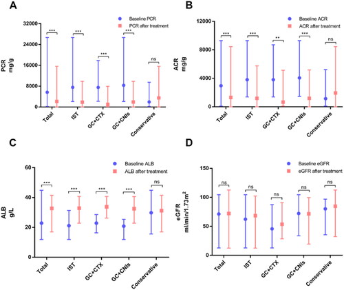 Figure 3. Comparison of PCR, ACR, ALB and eGFR before and after treatment. Data information: (A): comparison of PCR before and after treatment; (B): comparison of ACR before and after treatment; (C): comparison of ALB before and after treatment; (D): comparison of eGFR before and after treatment. In all relevant panels, *p < 0.05; **p < 0.01; ***p < 0.001; ****p < 0.0001; ns, no statistically significant difference. Data are presented as median (lower quartile, upper quartile) and compared by non-parametric test (Mann-Whitney U test). GC, glucocorticoid; CTX, cyclophosphamide; CNIs, calcineurin inhibitors; IST, immunosuppressive treatment.