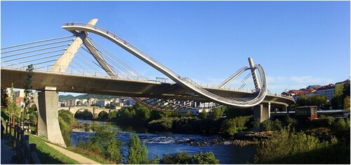 Figure 10. New bridge in Orense, with the medieval bridge in the background. Source: https://www.turismodeourense.gal/recurso/puente-del-milenio/.