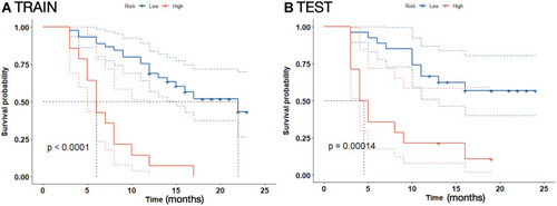 Figure 2 Kaplan–Meier analysis of risk score with overall survival (OS). (A) Patients with low-risk score (separated by the cut-off value of 2.00) demonstrated significant longer OS compared to patients with high-risk score in the training cohort (p < 0.0001). (B) Patients with low-risk score (≤ 2.00) showed longer OS than patients with high-risk score in the test cohort (p = 0.00014).