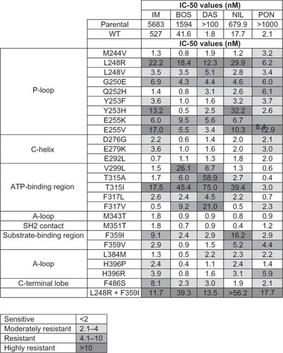 Figure 2 Comparison of in vitro sensitivity to IM, BOS, DAS, NIL, and PON of wild type and mutant BAF3 cell lines harboring clinically relevant ABL domain kinase mutations.