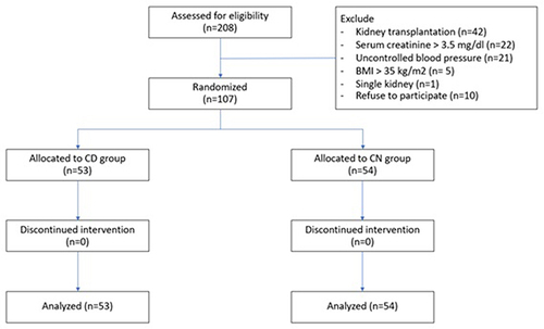 Figure 3 Study flow chart. Of the 208 patients who met the inclusion criteria, 107 participants were randomized at an approximate 1:1 ratio. Ultimately, there were 53 participants in the caudal direction (CD) group and 54 in the cranial direction (CN) group.