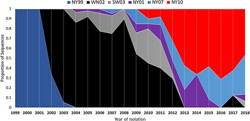 Figure 3. West Nile virus (WNV) genotype displacement in New York State (NYS), 1999-2018. Proportions of sequenced isolates belonging to distinct genotypes are shown. The displacement of the NY99 genotype by WN02 occurred from 2002-2004. NY01, NY07 and NY10 genotypes share a common WN02 backbone.