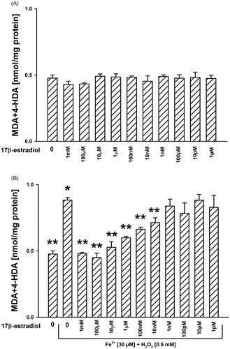 Figure 1. Concentrations of malondialdehyde + 4-hydroxyalkenals (MDA + 4-HDA) in porcine ovary. Homogenates were incubated in the presence of 17β-estradiol [1 mM, 100 μM, 10 μM, 1 μM, 100 nM, 10 nM, 1 nM, 100 pM, 10 pM, 1 pM] alone (A) or in the presence of 17β-estradiol together with Fenton reaction substrates, i.e., FeSO4 [30 μM] plus H2O2 [0.5 mM] (B). Data are expressed as the amount of MDA + 4-HDA (nmol) per mg of protein. Bars represent the mean ± SE of three independent experiments run in duplicates. No significant differences were found. *p<0.05 vs. Control (in the absence of both Fe2++H2O2 and 17β-estradiol); **p<0.05 vs. Fe2++H2O2 (in the absence of 17β-estradiol).