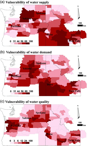 Fig. 2 Vulnerability of (a) water supply, (b) water demand, and (c) water quality, which are normalized to range from 0 to 100. The colour legend shows the same number of counties in each quintile (20%) for each indicator.