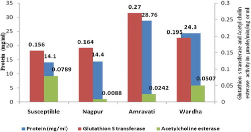 Figure 2. GST, protein and AChE levels in Aphis spiraecola populations from Nagpur, Amravati and Wardha districts during 2015–2016.
