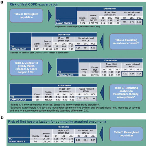 Figure 2. (a) Risk of first COPD exacerbation. (b) Risk of first hospitalization for community-acquired pneumonia.