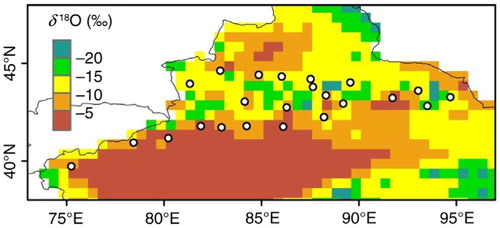 Fig. 6 Spatial distribution of predicted δ 18O in precipitation on an annual basis around the Tianshan Mountains from September 2012 to August 2013.