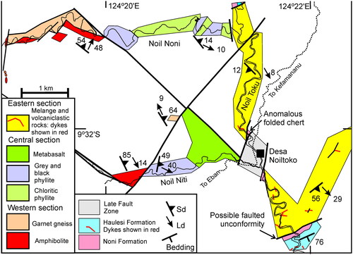 Figure 4. Geology of the Miomaffo massif along transects mapped in this study. Representative structural data shown for each structural domain. Sd, dominant lineation; Ld, lineation on Sd.