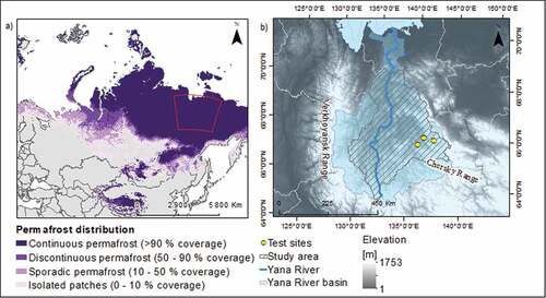 Figure 1. A) the map indicates the location of the study area in Siberia on the background of the permafrost distribution (Obu et al., Citation2020). b) the location of the studied Yana River drainage basin (Global Runoff Data Centre,Citation2020) on digital elevation model (DEM based on Yamazaki et al., Citation2017).