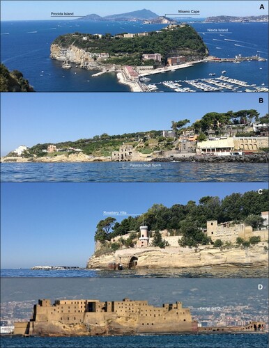 Figure 6. A. View from NE of Nisida Island; B. View from the sea of Posillipo coast with the famous palazzo degli Spiriti in the center; C. View from the sea of Posillipo sea cliffs with part of Rosebery Villa built on the top; D. View from the sea of Castel dell’ Ovo.