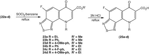 Scheme 3. Synthesis of 9-(aryl/alkyl)-4-fluoro-6-oxo-6,9-dihydro[1,2,5]thiadiazolo[3,4-h]quinoline-7-carboxylic acids 25a--d.