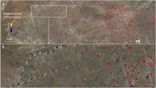 Figure 6. Energy infrastructure (wind turbines and oil/gas pads) mapped using National Agriculture Imagery Program (NAIP) data and deep learning algorithms over West Texas. Red polygons on the right represent mapped oil/gas pads.