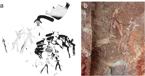 Figure 3. In (a) rhebok-headed tamers-of-the-game (left) approach a dangerous tusked rain serpent (top) painted to suggest that it emerges from behind the rock face, while other transforming rhebok-headed dancers interact with a smaller “tamed” snake – knowable by its rhebok head. In (b) a tamer-of-the-game with human body and rhebok head, surrounded by eland, bleeds from the nose and carries a hunter’s bow, while a rhebok emerges from a shadowy step in the rock face. Note the white spoor/hoof prints. Images by Challis.