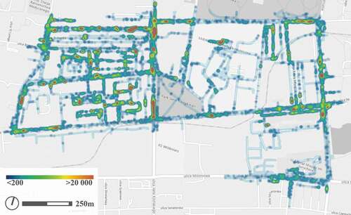 Figure 6. The intensity of pedestrian traffic in Księży Młyn between 10 a.m. and 4 p.m. (number of transits/day/m2)