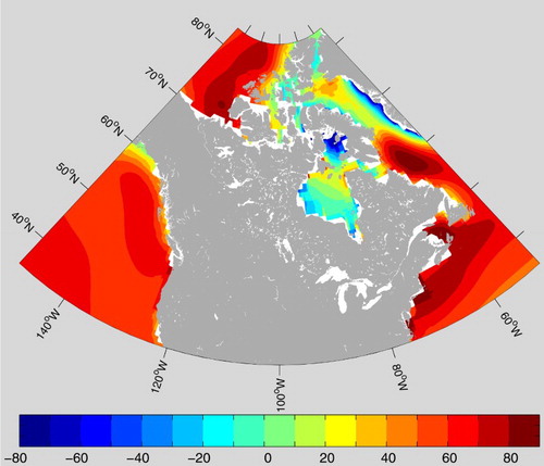 Fig. 8 Projected sea level changes (cm) between 1980–1999 and 2090–2099 under scenario A2, based on eight IPCC AR4 AOGCMs, Slangen et al.’s (Citation2012) land-ice model, Peltier's (Citation2004) GIA model, and Slangen et al.’s (Citation2014) groundwater depletion effect.