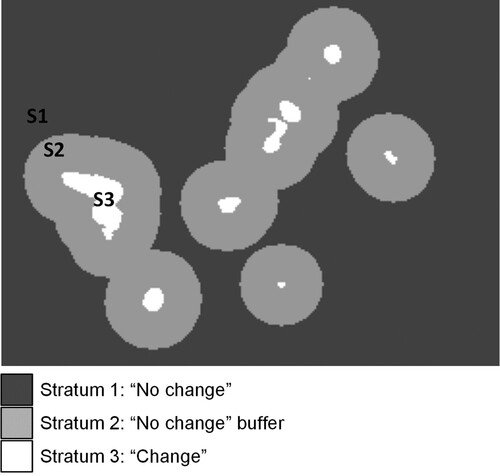 Figure 4. Illustration of three strata used in the sample-based approach for accuracy assessment and area estimation.