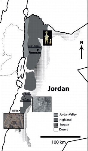 Fig. 3. Location of Al Ma’tan, WF16 and ‘Ain Ghazal. Map by Sarah Elliott, images by kind permission of Gary Rollefson (‘Ain Ghazal), Steve Mithen and Bill Finlayson (WF16). Al Ma’tan is pictured from the Hunting Aerial Survey of Jordan (1953).