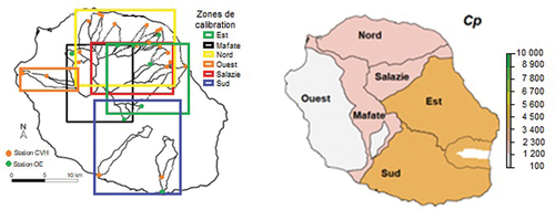 Figure 5. Régions retenues pour le calage régional à gauche, exemple de régionalisation du paramètre Cp (taille du réservoir de production en mm) à droite.