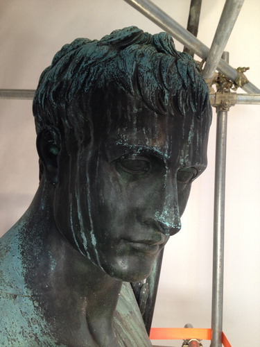 Figure 1. Detail of the head of the bronze sculpture of Napoleon. Different cleaning problems are visible in the cheek (grayish/greenish in colour as Area 1), in the neck under the chin (black and shiny as Area 2) and in the shoulder (brilliant green colour as Area 3).