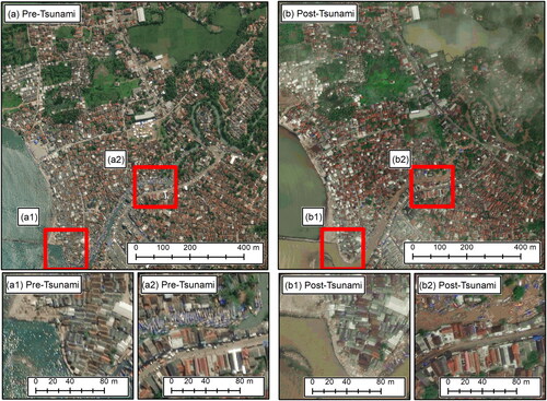 Figure 3. Worldview-2: (a) Before the disaster; (b) After the disaster.