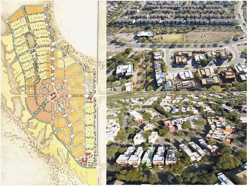 Figure 1. Civano Town Plan follows a conventional New Urbanist formula: the most compact housing (dark orange) is centrally located around a community center and the least compact housing is at the periphery of the development (yellow) (left, source: Moule & Polyzoides, Architects and Urbanists), larger ‘compound housing’ in Civano across the street from standard single family residential housing in Civano II (top right, source: James Nicholas Polyzoides), compact and centrally located ‘courtyard housing’ (bottom right, source: Stephanos Polyzoides).